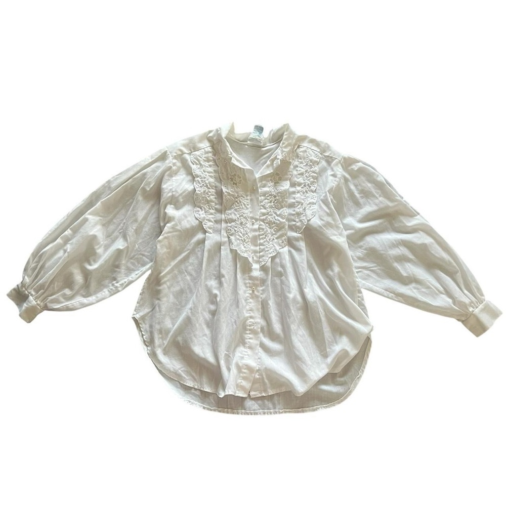Vintage Gilligan O’Malley Embroidered Pearl Flowy White Button-Up Shirt Size S